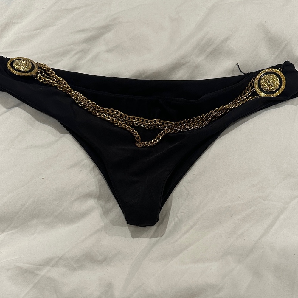 Beach Riot Black Bikini Bottom with Gold Chain Detail. Versace style